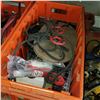 Image 3 : ORANGE CRATE OF TOOLS, BENCH GRINDER AIR HOSE, CRATE OF HILTI ADHESIVE, AND SHOP SUPPLIES