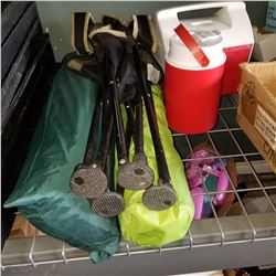 TENT, 2 CAMP CHAIRS, COOLER AND DRINK DISPENSER