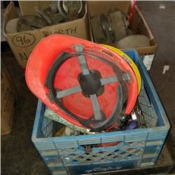 BLUE CRATE OF CLAMPS, PULLEYS, AND 2 HARD HATS