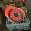 Image 1 : BLUE CRATE OF CLAMPS, PULLEYS, AND 2 HARD HATS