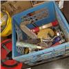 Image 2 : BLUE CRATE OF CLAMPS, PULLEYS, AND 2 HARD HATS