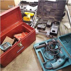 MAKITA ELECTRIC DRILL, DEWALT AND CRAFTSMAN CORDLESS DRILLS, AND TOOL BOX W/ CONTENTS