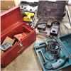 Image 1 : MAKITA ELECTRIC DRILL, DEWALT AND CRAFTSMAN CORDLESS DRILLS, AND TOOL BOX W/ CONTENTS