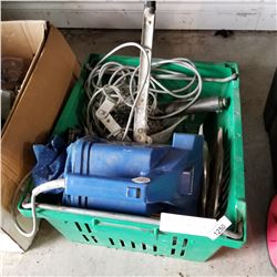 GREEN CRATE SHOP SUPPLIES, COE LONG, OIL CANS, SMALL VACUUM, ETC