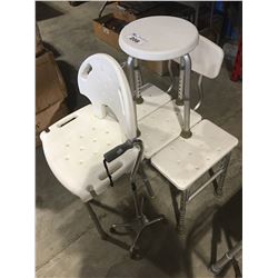 4 PIECES OF MEDICAL ASSIST EQUIPMENT - SHOWER BENCH SEAT, STOOLS ETC