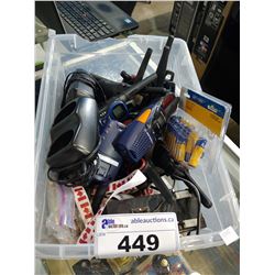 BIN OF ASSORTED WALKIE TALKIES AND BATTERIES