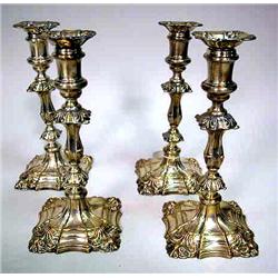 FOUR OLD SHEFFIELD PLATE CANDLESTICKS 9 3/4"h