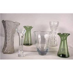 A GROUP OF SIX VASES  Two cut glass, two green, o