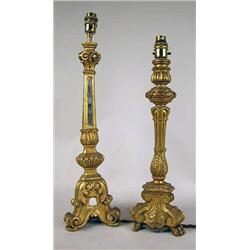 TWO GILTWOOD LAMPS One with mirrored column  Tall