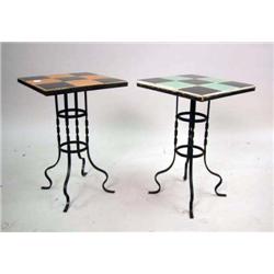 A PAIR OF IRON TILE TOP OCCASIONAL TABLES