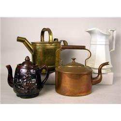 A GROUP OF THREE TEAPOTS One Rockingham, one bras