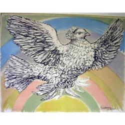 A PICASSO PRINT 10.10.52, of a dove on a pastel g