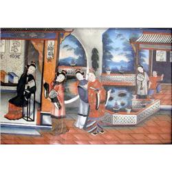 AN EGLOMISE PAINTING OF FIGURES IN AN ARCHITECTUR