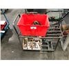 Image 1 : GREY MOBILE 2 TIER SHOP CART WITH ASSORTED ANTIQUE TOOLS & STAINLESS BRACKETS