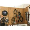 Image 2 : ASSORTED LARGE TOOLS, BROOMS, FRAME JACK & CONTENTS OF PEG BOARD INCLUDING: FACE SHIELDS, GRINDING