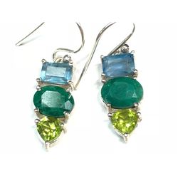 $400 Silver Peridot Aquamarine and Emerald Earrings (app 5g)