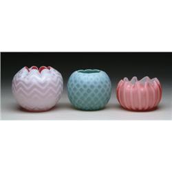 THREE SATIN GLASS ROSE BOWLS