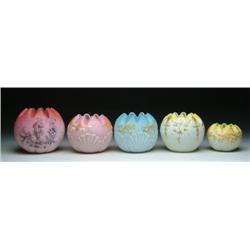 FIVE SATIN GLASS ROSE BOWLS