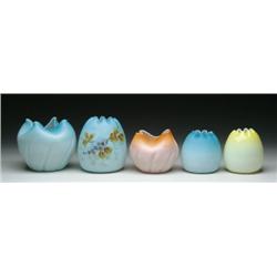 FIVE SATIN GLASS ROSE BOWLS