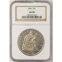 1842 $1 Seated Liberty Silver Dollar Coin NGC AU58