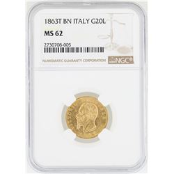 1863-T Italy 20 Lira BN Victor Emanuel Gold Coin NGC MS62