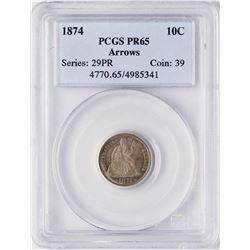 1874 Proof Seated Liberty Dime Coin Arrows PCGS PR65