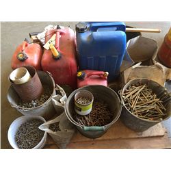 PALLET OF ASSORTED PAILS OF NAILS, SCREWS, WATER JUGS & JERRY CANS