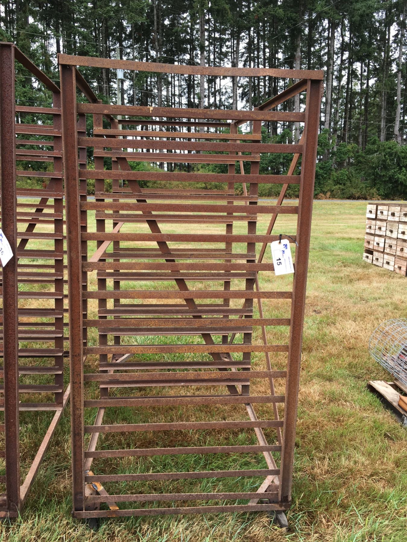 ROLLING METAL MATERIAL RACK APROX. 6' WIDE X 3' DEEP & 7' TALL