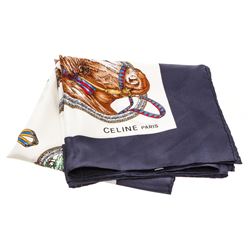 Celine White Multicolor Silk Equestrian Browband Illustration Scarf
