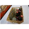 Image 1 : SMALL RATTAN BASKET W/ 4 COLLECTOR COKE BOTTLES, 3 ANTIQUE BOTTLES, AND SILVER PICTURE FRAME