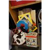 Image 2 : BOX OF BRASS WARE, CORK PLACE MATS, WOOD CRATE OF TINS, AND ESTATE GOODS