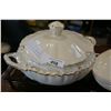 Image 2 : VINTAGE PORCELAIN LIDDED CASEROLE DISH, WEDGERWOOD SAUCERS, AND PYREX CASEROLE DISH