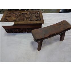 WOOD CARVED BOX ON HINGES AND SMALL MILKING STOOL