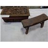 Image 1 : WOOD CARVED BOX ON HINGES AND SMALL MILKING STOOL