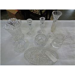 ASSORTED PINWHEEL CRYSTAL SERVING PIECES AND CANDLE HOLDERS