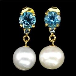 Natural Swiss Blue Topaz Creamy Pearl Earrings