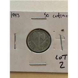 1943 French 50 Centimes Nice Early WWII Coin