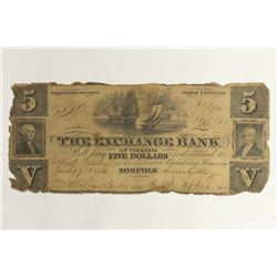 1800'S THE EXCHANGE BANK OF VIRGINIA $5 OBSOLETE