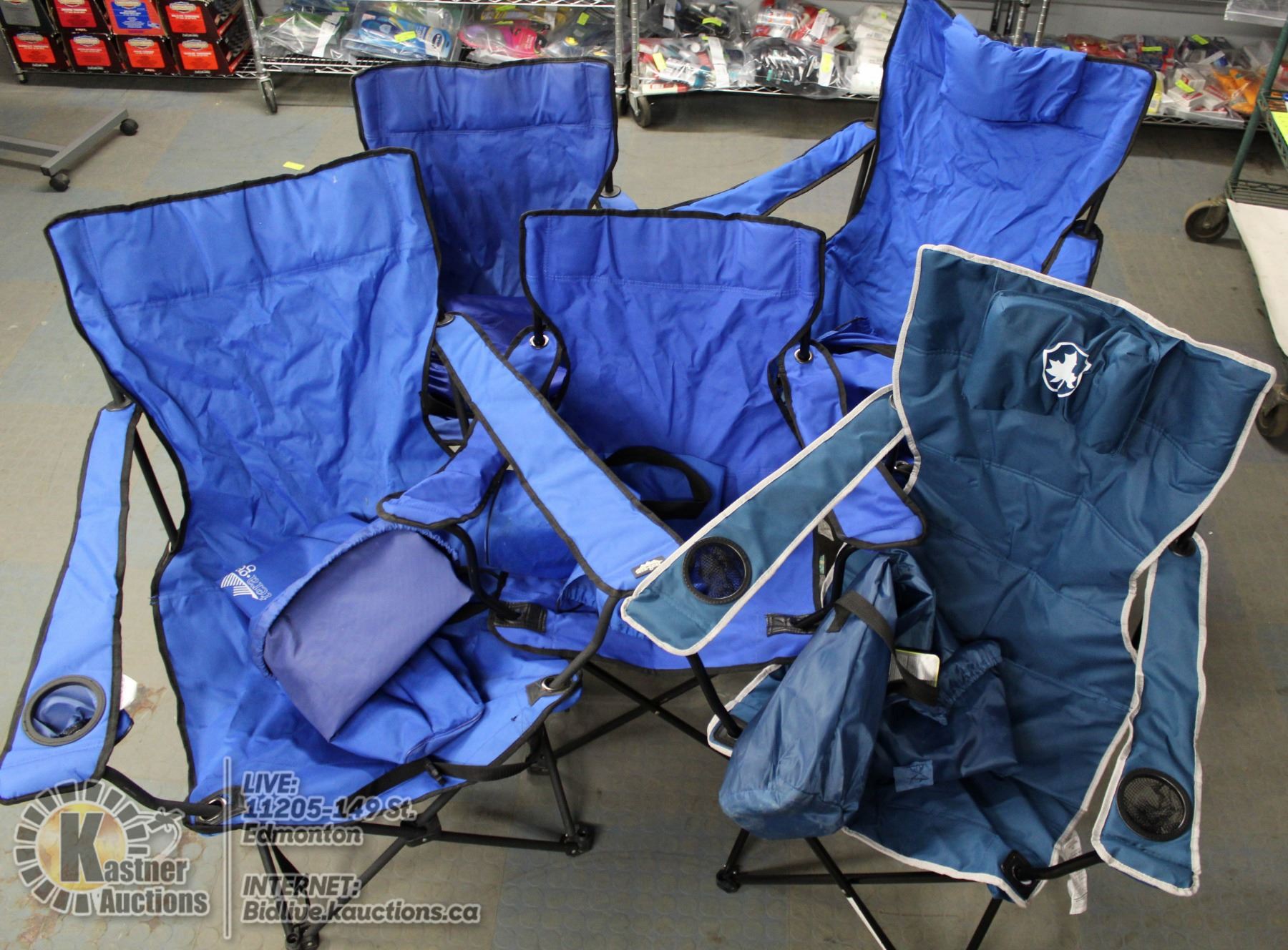 5 BLUE FOLDING LAWN CHAIRS IN CARRY CASES
