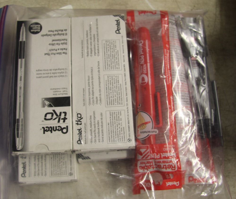 BAG OF ASSORTED PENS AND PERMANENT MARKERS.