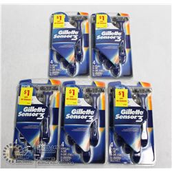 FIVE 4 PACK GILLETTE SENSOR3 DISPOSABLE RAZORS