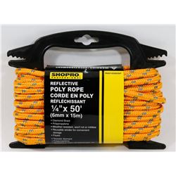 NEW! REFLECTIVE ORANGE POLY ROPE ¼" x 50'