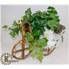 Image 1 : WICKER PLANT STAND W/ SILK FLOWERS & IVY -