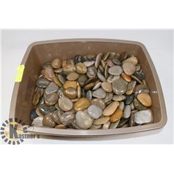 TUB OF ASSORTED ENGRAVED POLISHED STONES.