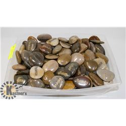 TUB OF ASSORTED ENGRAVED POLISHED STONES.