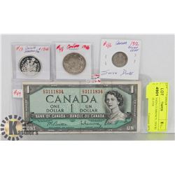 LOT OF CANADA CURRENCY, 1954 $1 BILL, 1912 SILVER