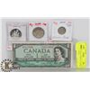 Image 1 : LOT OF CANADA CURRENCY, 1954 $1 BILL, 1912 SILVER