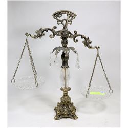 1930'S BRASS SCALE, SEVEN CRYSTALS, 18" HIGH