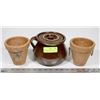 Image 1 : BROWN POT WITH LID MARKED B ON LID WITH 2 OLD