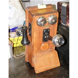 ANTIQUE OAK WALL CRANK TELEPHONE